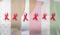 Collage with women with a red ribbon for December World Aids Day and National Red ribbon week