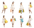 A collage of women in white dresses holding bags Royalty Free Stock Photo