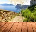 The collage from wooden floor and view of Capri island, Italy Royalty Free Stock Photo