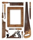 Collage work wood tools carpenter forming a frame Royalty Free Stock Photo