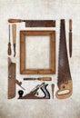 Collage work wood tools carpenter forming a frame Royalty Free Stock Photo