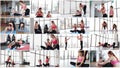 Collage of yogi, mother and child practicing exercises in the gym, doing stretching Royalty Free Stock Photo