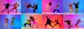 Collage. Young active people dancing contemp, hip-hop in casual cloth isolated over blue background in neon light Royalty Free Stock Photo