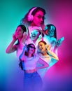 Collage. Young beautiful girls in casual clothes listening to music in headphones over multicolored background in neon Royalty Free Stock Photo