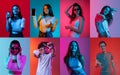 Collage of young beautiful people, male and female, posing with different emotions isolated over multicolored background Royalty Free Stock Photo