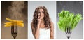 The collage of young beautiful woman with healthy and harmful meal Royalty Free Stock Photo