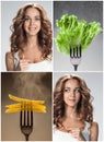 The collage of young beautiful woman with healthy and harmful meal Royalty Free Stock Photo