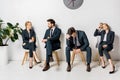 collage of young business people holding coffee to go and waiting on chairs Royalty Free Stock Photo