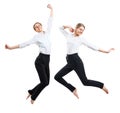 Collage of young business woman in formal wear jumping. Royalty Free Stock Photo