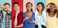 Collage of young emotive people, men and women posing isolated over multicolored background