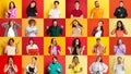 Collage with young ethnically diverse people, men and women expressing different emotions over yellow and red studio