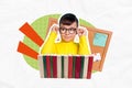 Collage of young funny schoolkid wearing eyeglasses intellect read much books library pin desk schedule lesson 