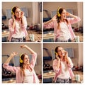 Collage of young girl listening to music, dancing. Royalty Free Stock Photo