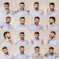 Collage of young guy portraits with different emotins Royalty Free Stock Photo