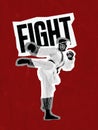 Collage with young male judo fighter training isolated on dark red background with lettering. Concept of sport, healthy