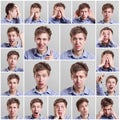 Collage of young man expressing different emotions Royalty Free Stock Photo