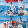 Collage of Young man sailing yacht Royalty Free Stock Photo