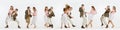 Collage. Young man and woman in vintage retro style outfits dancing social dance isolated on white background. Royalty Free Stock Photo