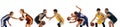 Collage. Young people, basketball players training, playing isolated over white background. Dribbling exercises Royalty Free Stock Photo