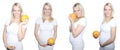 Collage Young Petty Natual Beauty Pregnant Woman Holding Grapefruit and Shows a Belly That Begins to Grow Isolated on White Backgr