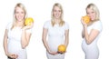 Collage Young Petty Natual Beauty Pregnant Woman Holding Grapefruit and Shows a Belly That Begins to Grow Isolated on White Backgr