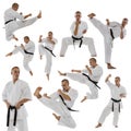 Collage of young sportive man in white kimono practising, training martial arts, karate isolated over white background Royalty Free Stock Photo