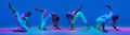 Collage. Young stylish girl, contemp dancer in motion, dancing isolated over blue background in neon light