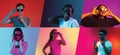 Collage of young stylish people, men and women in sylish glasses having fun isolated over multicolored background in