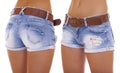 Collage, Young tanned woman wearing blue short jean on white bac Royalty Free Stock Photo