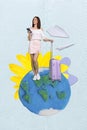 Collage of young tourism lover girl stay big plasticine globe hold baggage send paper letter her boyfriend isolated on