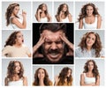 The collage of young woman and male emotions