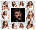 The collage of young woman and male emotions