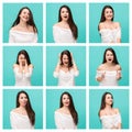 Set of young woman`s portraits with different happy emotions