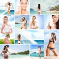 Collage of young women relaxing on the beach Royalty Free Stock Photo