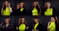 Collaged shot of portraits of pretty brunette woman in studio with black background