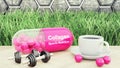 Collagen capsiule, Two dumbbells and a cup of coffee. Sport nutrition for bodybuilding and beauty 3d illustration. Connective tiss