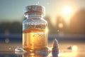 Collagen, peptides serum in glass bottles on ocean background at sunset. Skincare for beautiful skin