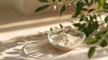 Collagen powder supplement in a glass transparent bowl on a beige background with a green plant. Healthy eating and lifestyle