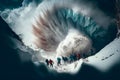 Collapse avalanche in the mountains on a group of climbers, victims and victims is covered by a powerful cloud of snow dust, a