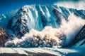 The collapse of the snow avalanche in the mountains, a powerful cloud of snow dust blizzard. Force of nature in the mountains.