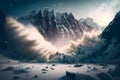 The collapse of the snow avalanche in the mountains, a powerful cloud of snow dust blizzard. Force of nature in the mountains.