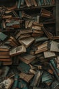 collapsed bookshelf with ancient texts scattered in disarray
