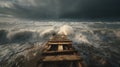Collapsed bridge, stormy sea, dramatic sky, crashing waves, wooden structure, ocean Royalty Free Stock Photo