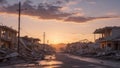 Collapsed buildings illustrate the devastating impact of natural disasters on communities at sunset Royalty Free Stock Photo