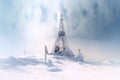 collapsed radio tower surrounded by snowdrifts