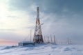 collapsed radio tower surrounded by snowdrifts