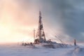 collapsed radio tower surrounded by snowdrifts