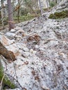 Collapsed rocky boulders fall down from sandstone rocks and landslide blocked forest path