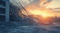 Collapsed scaffolding at construction site at dawn . Royalty Free Stock Photo