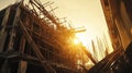 Collapsed scaffolding at construction site at dawn . Royalty Free Stock Photo